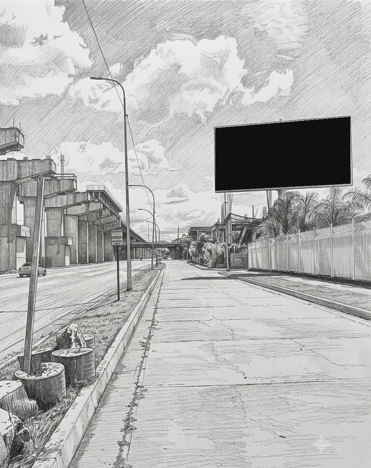 Una avenida dibujada a lápiz. La valla publicitaria es lo único a color.